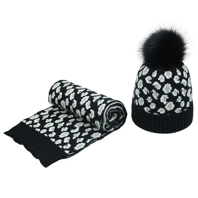estilo feminino inverno malha 2 peças gorro chapéu cachecol conjunto vintage leopardo impressão fofo algemado boné