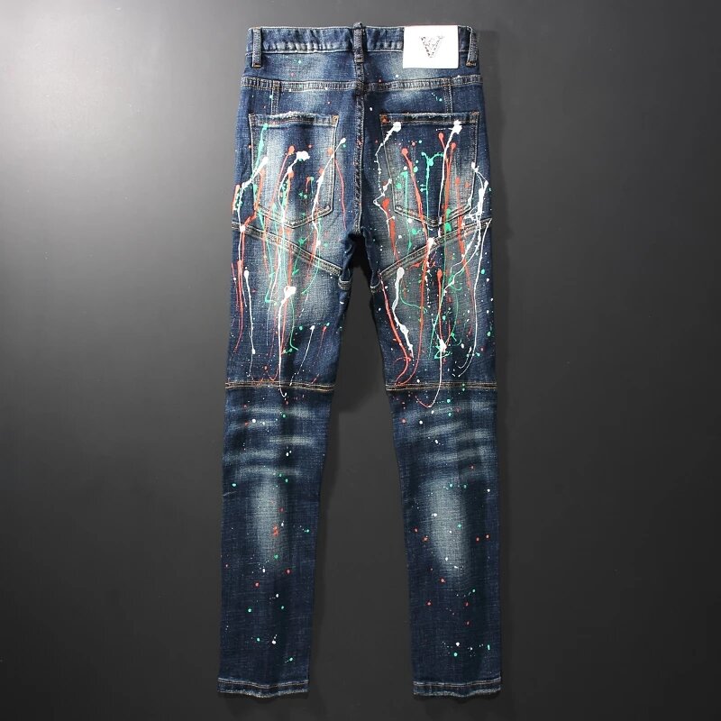 Pantalones vaqueros de moda para hombre, Jeans Retro azul oscuro, elásticos, ajustados, rasgados, de motorista, pintados, de diseñador, Hip Hop