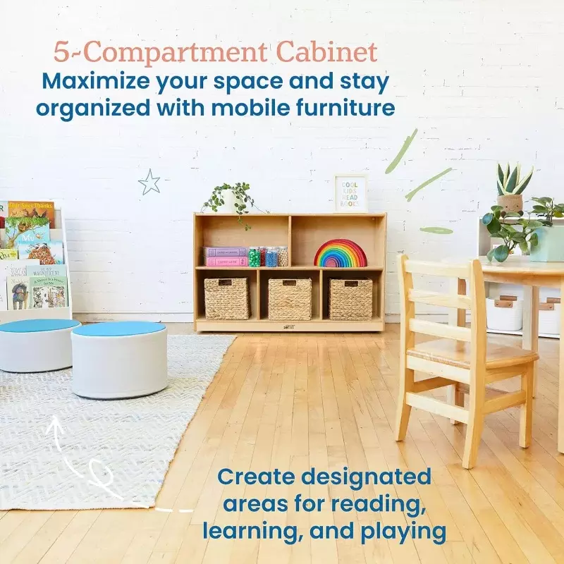 ECR4Kids 5-Compartment Mobile Storage Cabinet, 30in, Classroom Furniture, Natural