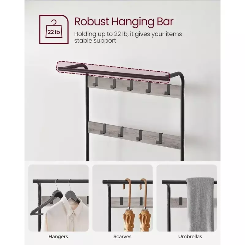 Coat hanger, entryway bench with coat rack, 4-in-1 with 9 detachable hooks, grey and black hanger