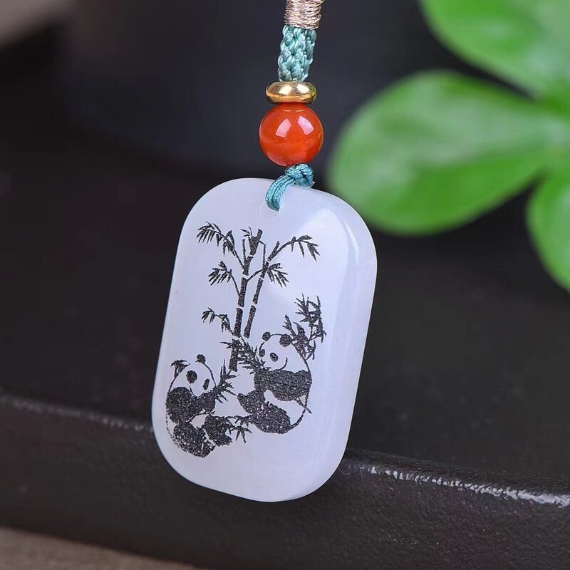 Natural Hetian Golden Silk Jade panda Plaque Pendant Charms Fashion Engraver Fine Jewelry Men Woman Amulet Mascots Holiday Gifts