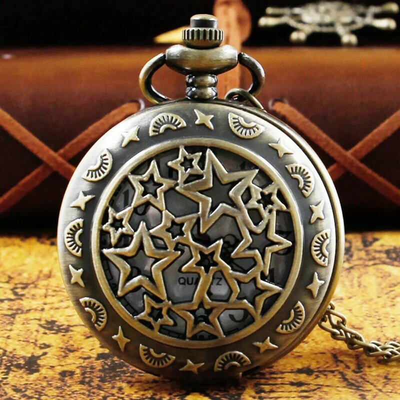 Jam tangan saku kalung berongga bintang jam tangan Fob gerakan kuarsa Vintage Hadiah Pria Wanita JFC021
