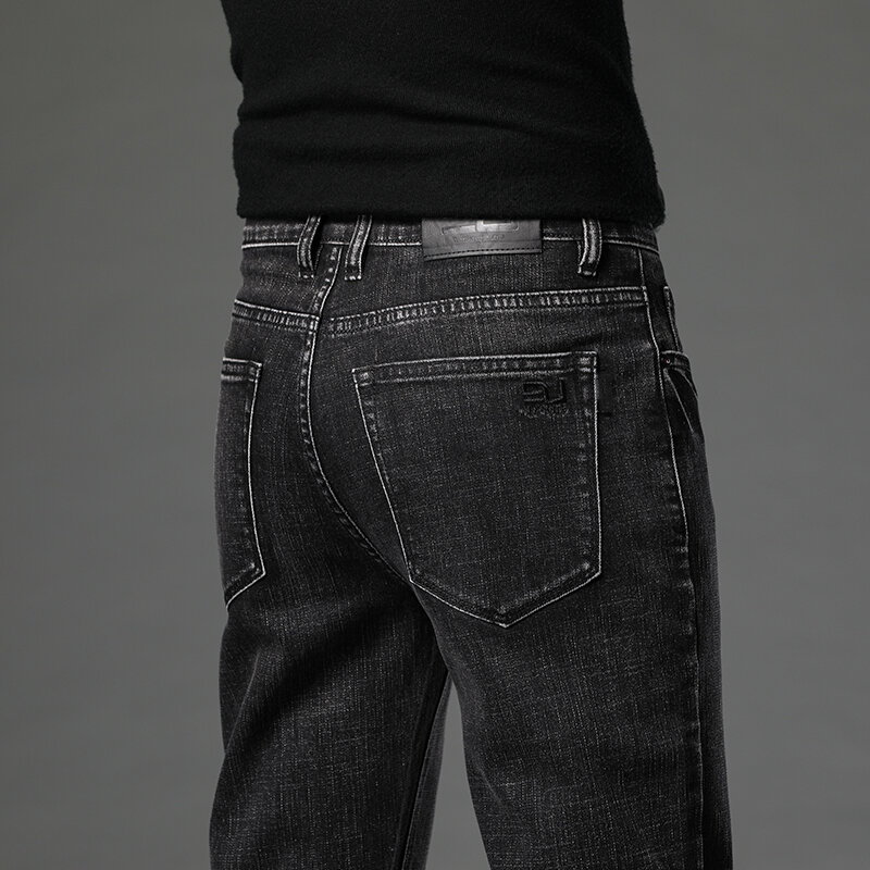 Celana Jeans pria, celana Denim bisnis regang katun versi lurus Vintage warna biru hitam 2023