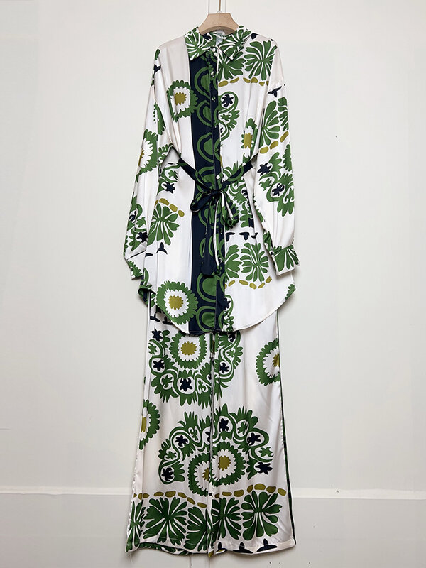 Женский винтажный комплект из двух предметов, длинная рубашка с геометрическим принтом и лацканами, мешковатые широкие брюки с завышенной талией, 2024