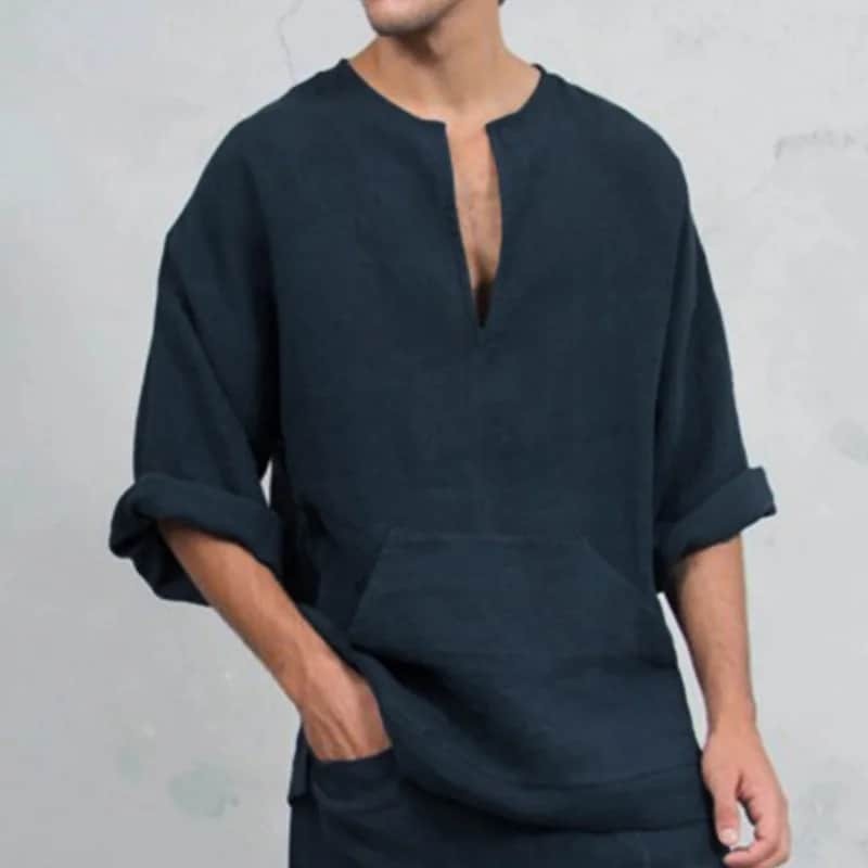 2024 New Men’s Summer Cotton Linen T shirt Male Bohemia Style Long Sleeve V Neck bandage T shirts Casual M-3XL