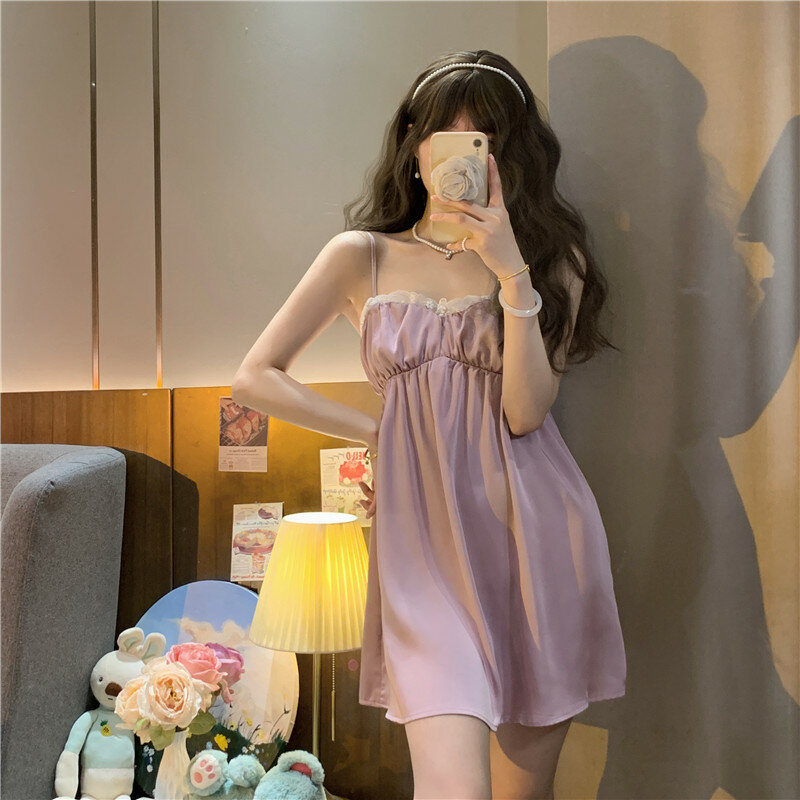 Summer Sweet Solid Color Court Style Sexy Pure Desire To Halter Ice Silk Nightdress Home Dress Pajamas Lady
