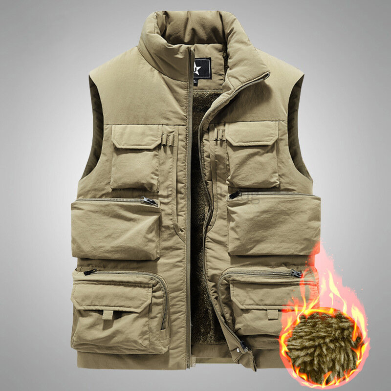 Men's Vest Coat Winter Sleeveless Jacket Waistcoat Thick Warm Fleece Workwear Tops Cargo Vest Windbreaker Fashion Big Size