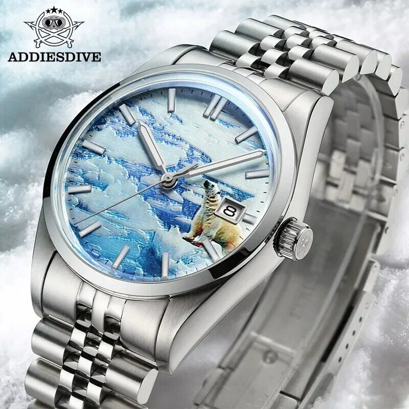 ADDIADDIESDIVE 3D 빙하 자동 기계식 시계, 다이버 슈퍼 루미너스 시계, 강철 버버 미러 유리 손목시계, 39mm, 100m