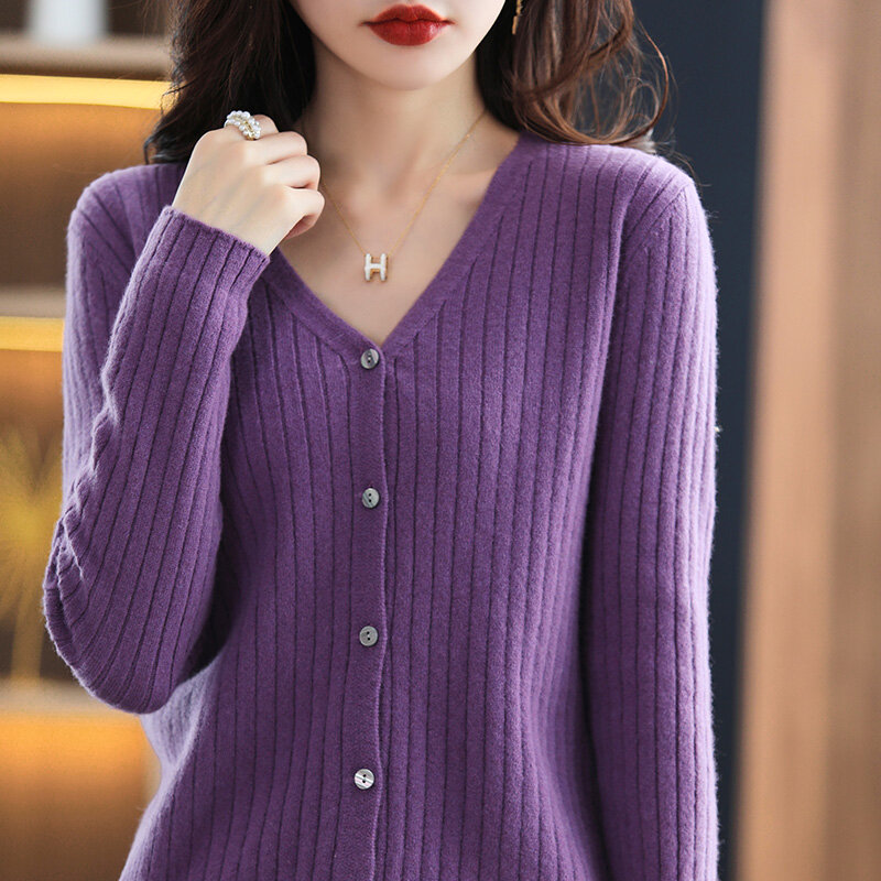 Cárdigan con cuello en V para mujer, suéter de punto suave y glutinoso, de cintura alta, versión coreana, primavera y otoño