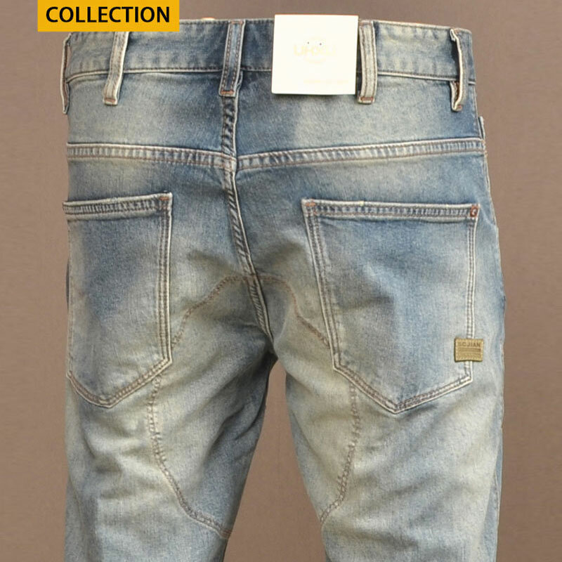 Джинсы мужские в стиле ретро, модные эластичные облегающие байкерские джинсы с соединением, винтажные дизайнерские брюки из денима в стиле хип-хоп, синие