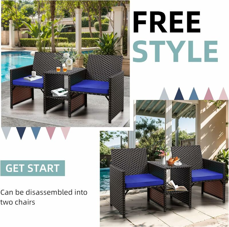 Outdoor Loveseat,Patio Furniture Set w/ Built-in Coffee Table,Loveseat w/ Cushion,All-Weather Wicker Conversation Sofa Set