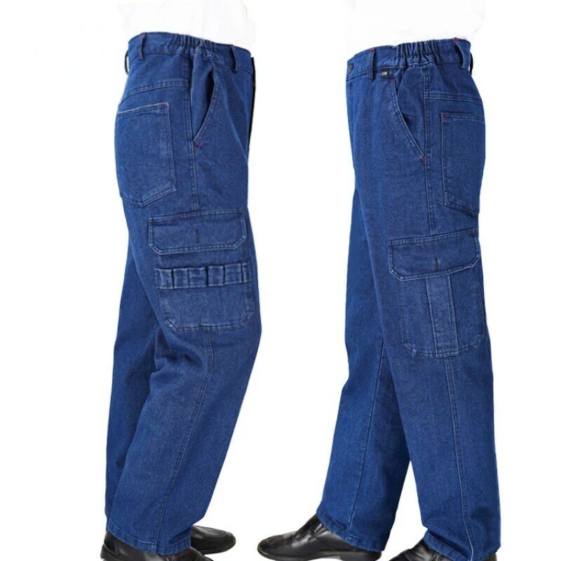 กางเกงยีนส์ขาหลวมทรงหลวมมีกระเป๋าสำหรับเดินทางทนทานสำหรับงานคาร์โก้แนวยุทธวิธีใส่กางเกงชายตรง