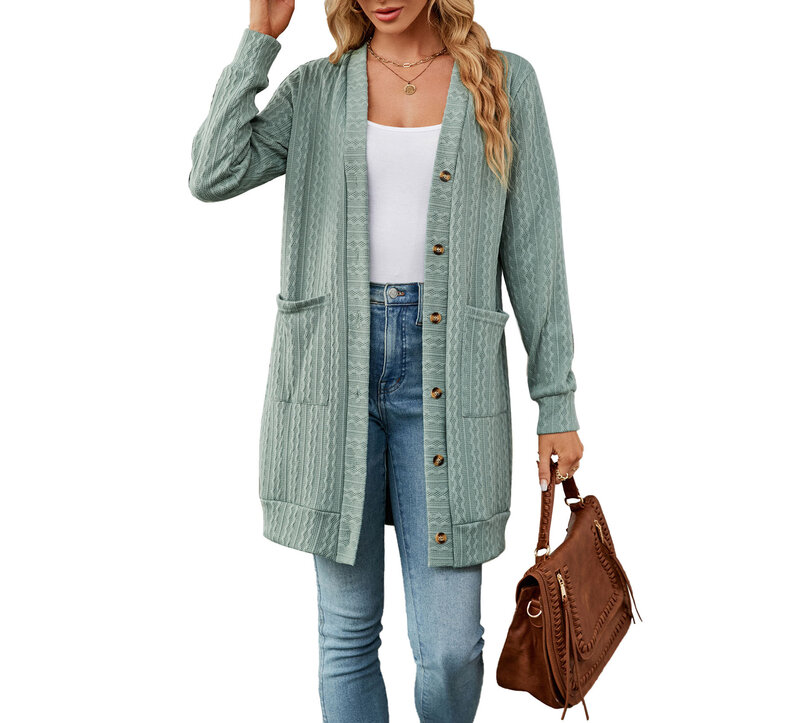 女性用長袖カーディガンジャケット,単色,ポケット,ボタン,秋冬ファッション,新しい2023