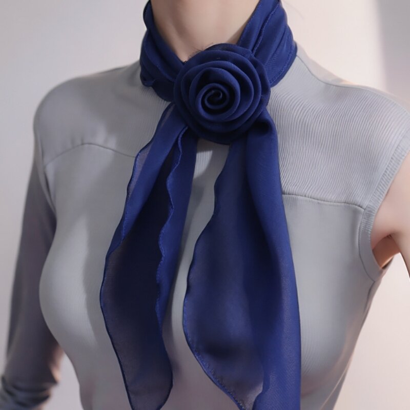 Decorative Flower Necktie Small Silk Scarf for Girl Elegant Neckwear for Party Dress Hand Tied Neckwrap Fashion Neckwear 28TF