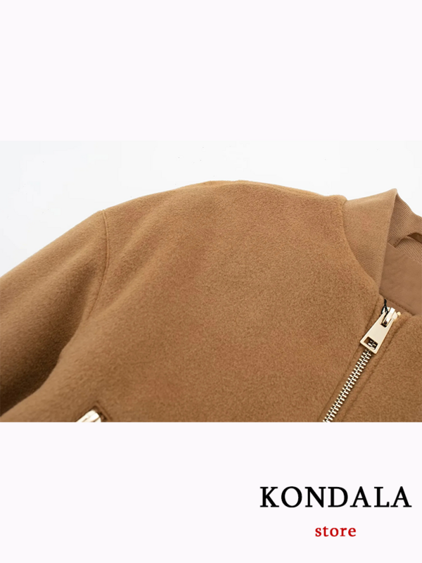 KONDALA Vintage Casual Chic Bomber Jacket Solid Zipper O-neck Pocket Long Sleeve Coats Fashion 2023 Autumn Winter Outwears