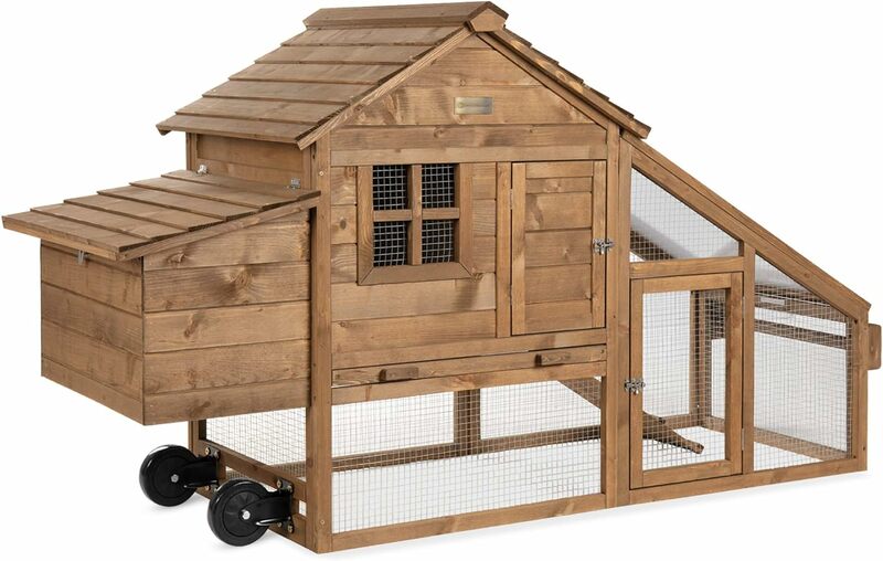 Gallinero de madera de abeto móvil de 71 pulgadas, jaula de aves de corral para 3-5 gallinas, para exteriores, cuidado de animales con ruedas, 2 puertas, caja nido