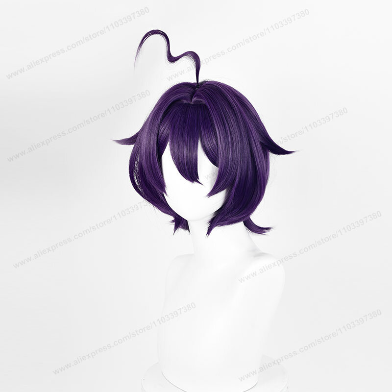 Hiiragi Wig Cosplay 33cm, Wig sintetis tahan panas Anime, Wig Cosplay hitam ungu pendek