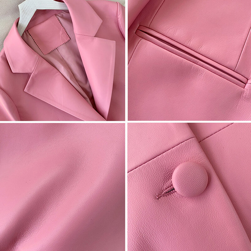 Julypalette mantel Blazer kulit asli untuk wanita, jaket kulit domba asli dengan kancing kerah Lapel baru 2023