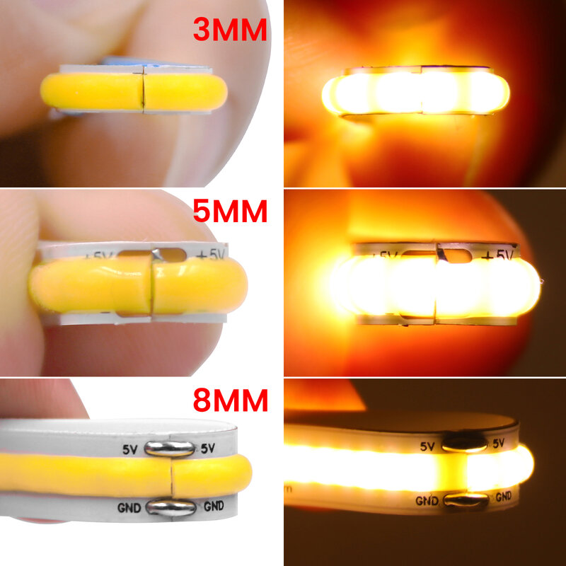 Alta densidade flexível COB LED Fita de Fita, Linear Bar Luz, PCB, DC 5V, 12V, 24V, 320, 384, 480, 528LEDs por m, 3mm, 5 milímetros, 8 milímetros