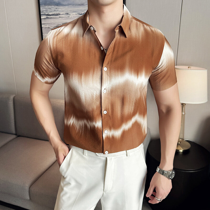 Camisa masculina de manga curta slim fit gradiente estampada colorida, camisa social casual, personalidade elegante, camisas que combina com tudo, streetwear verão