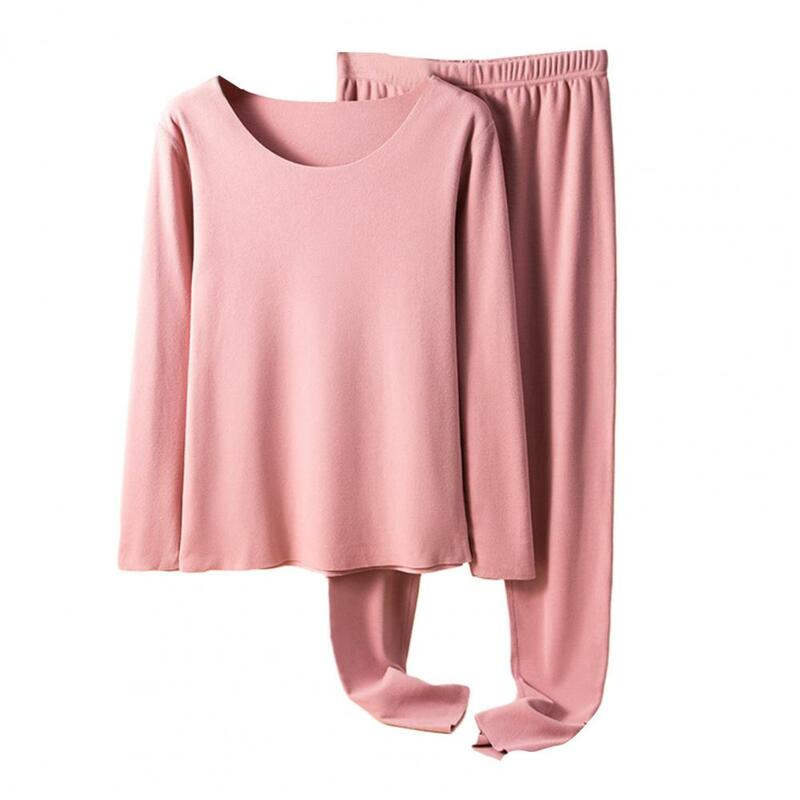 Conjunto de pijama térmico feminino, alta elasticidade, top macio quente, gola redonda, manga comprida, frio, inverno, aconchegante