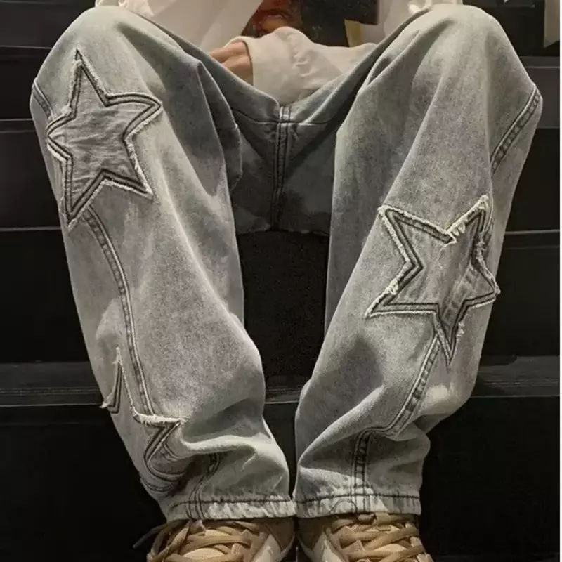 Star Embroidery Straight Casual Men Jeans Gothic Neutral New Wide Leg Loose Hip-hop Fashion Youth Streetwear Denim Trousers Y2K