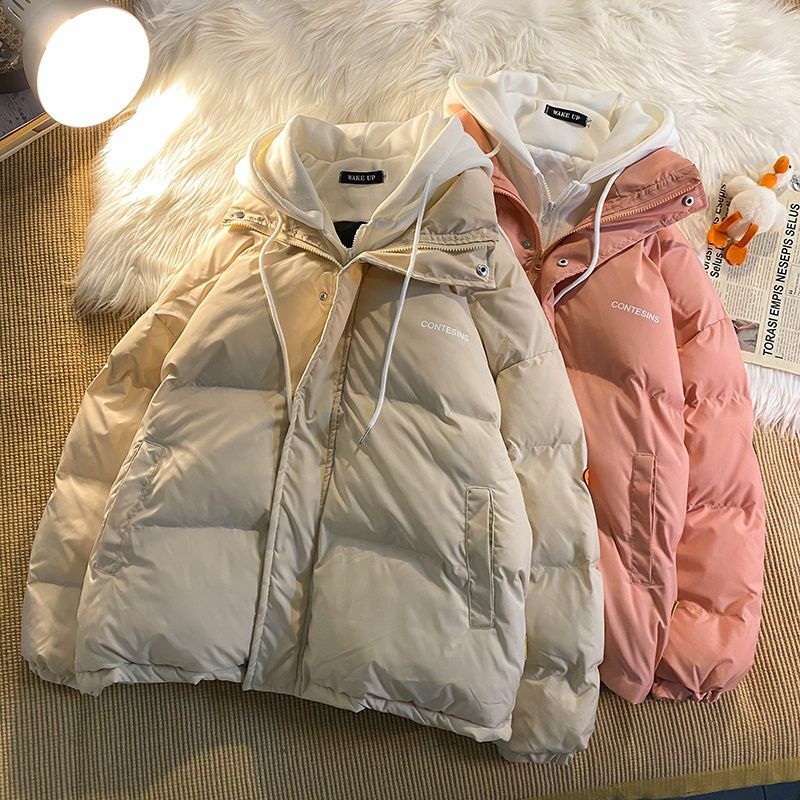 Pakaian Katun Santai Musim Dingin Wanita Y2K Multi-fungsional Palsu Dua Saku Ritsleting Jaket Mantel Tebal Versi Korea Musim Dingin Baru