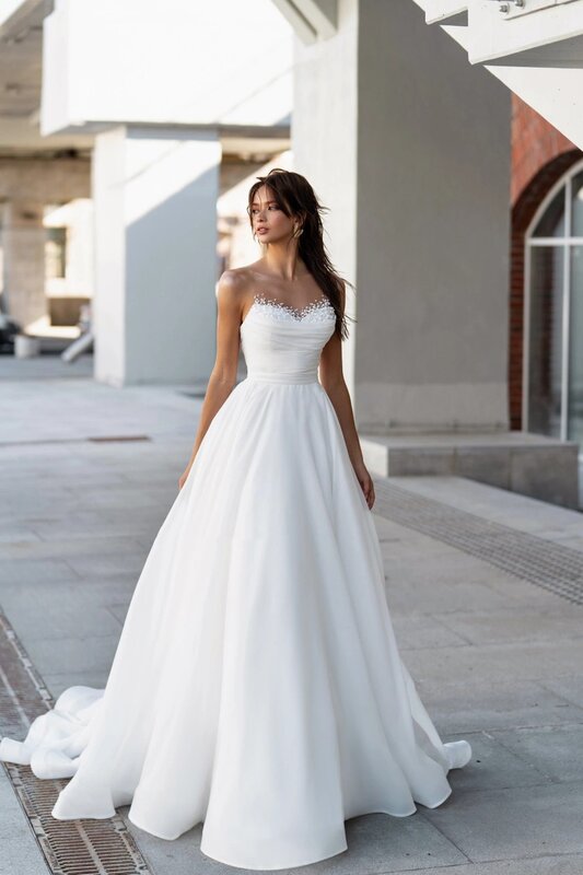 Женское атласное платье с открытыми плечами, винтажное плиссированное платье с жемчужным воротником, ТРАПЕЦИЕВИДНОЕ свадебное платье без рукавов, модель 2024
