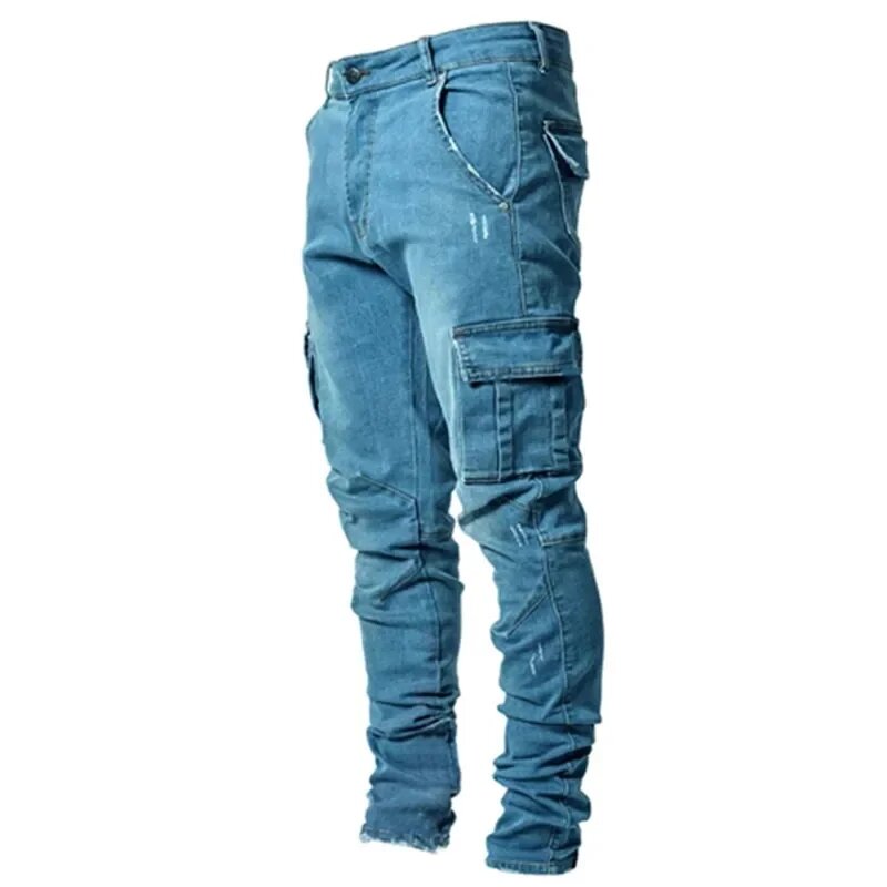 Street Elastic Jeans Männer Denim Cargo hose waschen einfarbige Multi-Taschen lässige Hose mit mittlerer Taille Slim Fit Jogger für den täglichen Gebrauch