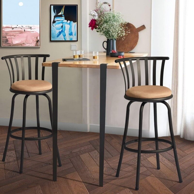 FurnitureR 24 INCH Country Style Industrial Counter Bar Stools Set of 2, Swivel Barstools with Metal Back, with Fabric