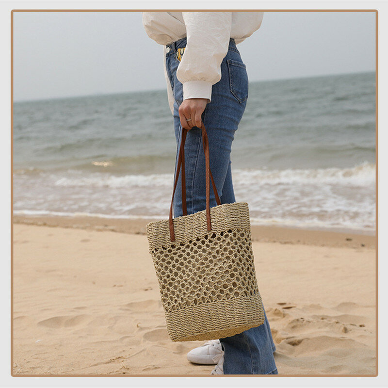 Bolso de paja con hombro tejido a mano para mujer, bolsa de playa, vacaciones en la playa, Corea del Sur