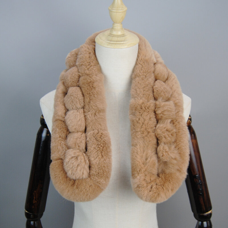 Модный роскошный женский зимний меховой шарф 2022, вязаные шарфы из натурального меха кролика Рекс, шарфы с меховым помпоном, пушистые теплые ...