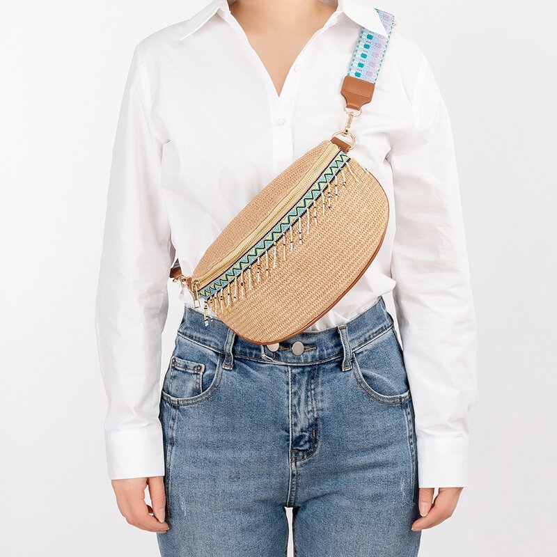 Boho tas selempang jerami wanita, kantung pinggul tali gitar serbaguna Vintage untuk perempuan