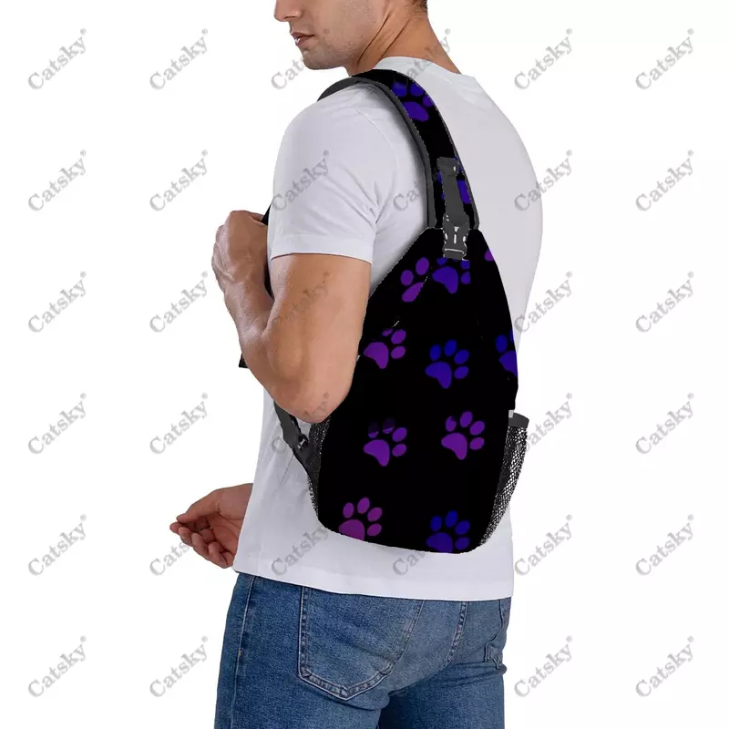 Bolso de hombro cruzado informal para hombre y mujer, bolsa de pecho con estampado de huellas de cachorros, almacenamiento deportivo