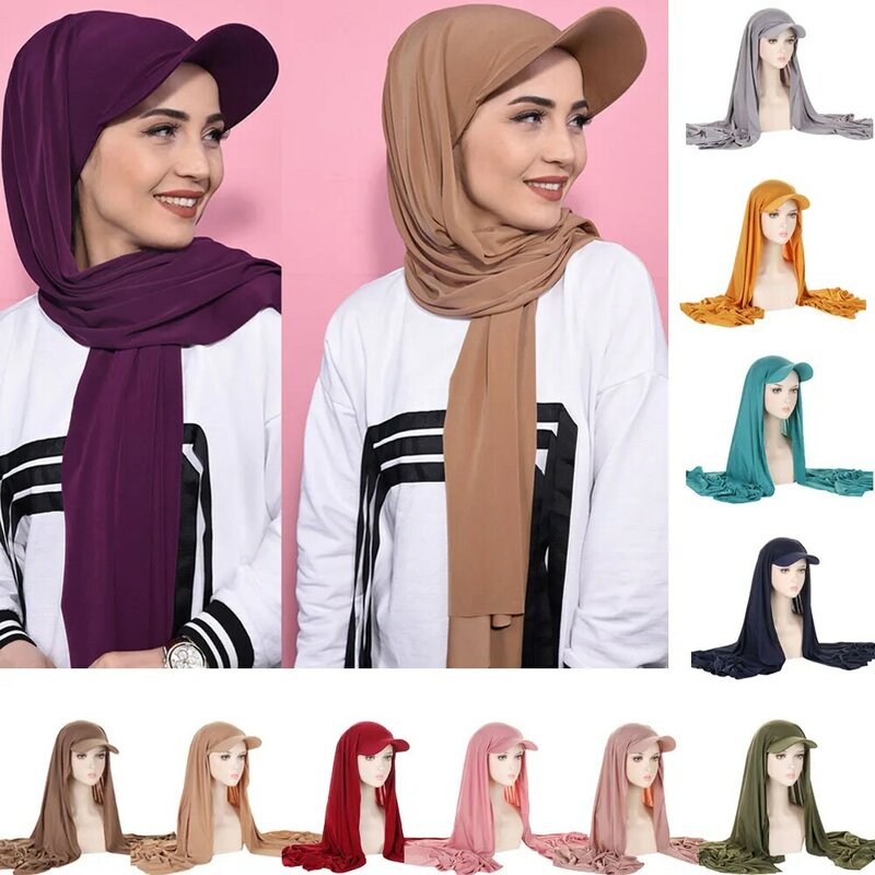 Topi bisbol Hijab Wanita Fashion baru dengan syal Jersey instan siap untuk dipakai Hijab penutup kepala kerudung Islami selendang syal