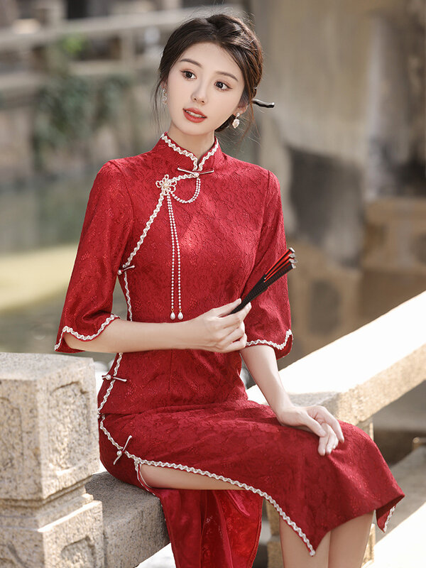 Cheongsam Dress Women's Slim 2024 Autumn Fashion Lace Fabric Jacquard Splicing Stand Collar Chinese Style Qipao Dresses Woman
