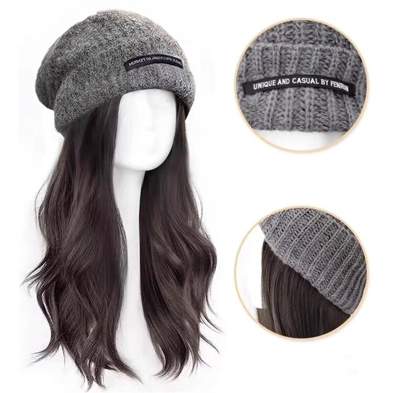 Perruque de chapeau de cheveux longs bouclés pour femmes, reflets de mode, brouillard, grosses vagues, optique d'hiver, chapeau de perruque en laine