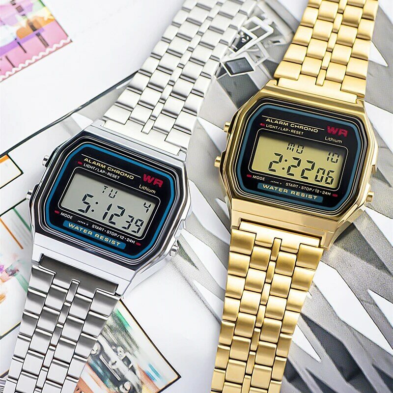 레트로 LED 디지털 스포츠 밀리터리 시계, 럭셔리 F91W 스틸 밴드 시계, 전자 손목 밴드 시계, 남녀 커플