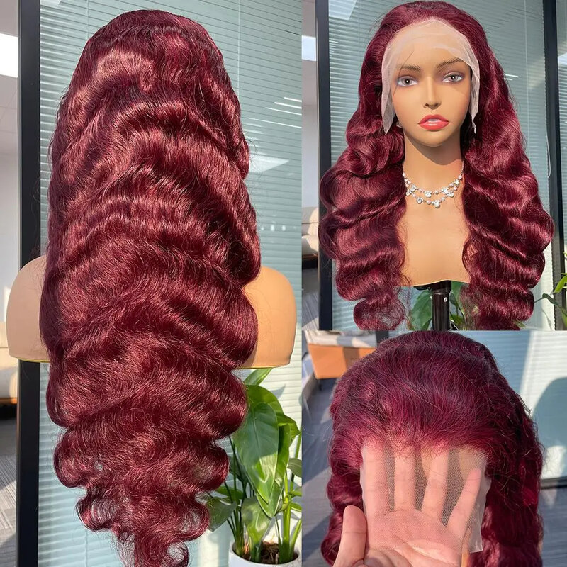Peluca de cabello humano con encaje Frontal, pelo rojo 99J, color burdeos, onda corporal suelta, sin pegamento, 13x4, HD, transparente