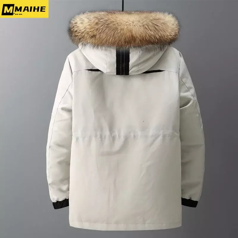 Jaket kargo putih pria, jaket kargo mode pria bebek putih dengan kerah bulu-30 derajat kasual tahan air tebal mantel Parka hangat musim dingin