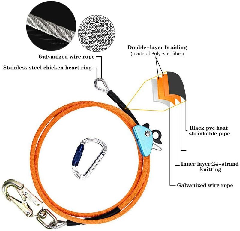 Fio-núcleo aleta linha kit com mosquetão de bloqueio triplo, cordão ajustável baixo estiramento para queda salvaguarda árvore inspeção, alpinista