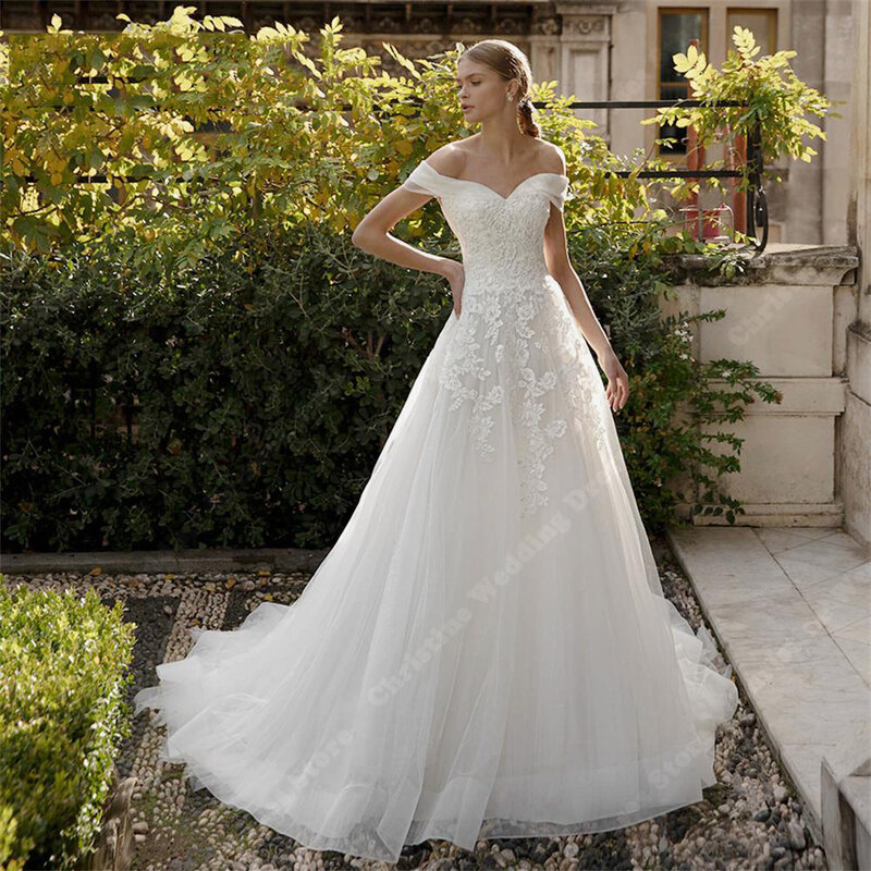 Popular Off The Shoulder Wedding Dresses Modern Lace Floral Print Custom Made Sleeveless Robes Mopping Length Vestidos De Novia