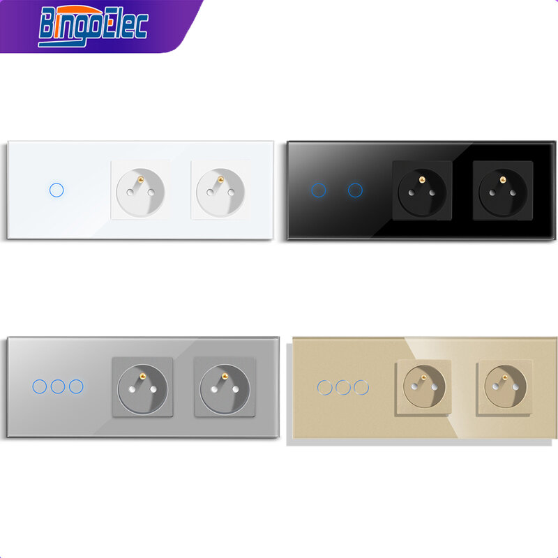 Bingoelec 1/2/3gang светильник Touch Switch с двойной французской польской стандартной розеткой, прозрачная стеклянная панель, однопозиционные сенсорные переключатели Home