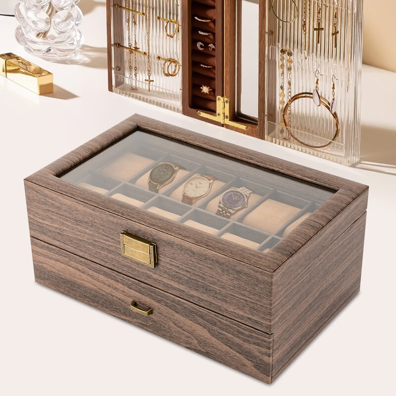 Caixa de exibição de jóias bloqueável, Suporte de relógio marrom, Organizador de mesa, Armazenamento para lojas domésticas