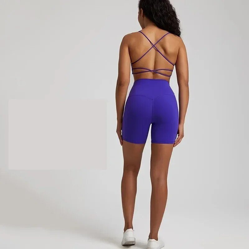 Lemon-Legging court taille haute et soutien-gorge croisé de yoga pour femme, ensemble d'entraînement sportif avec coussin de poitrine, 2 pièces
