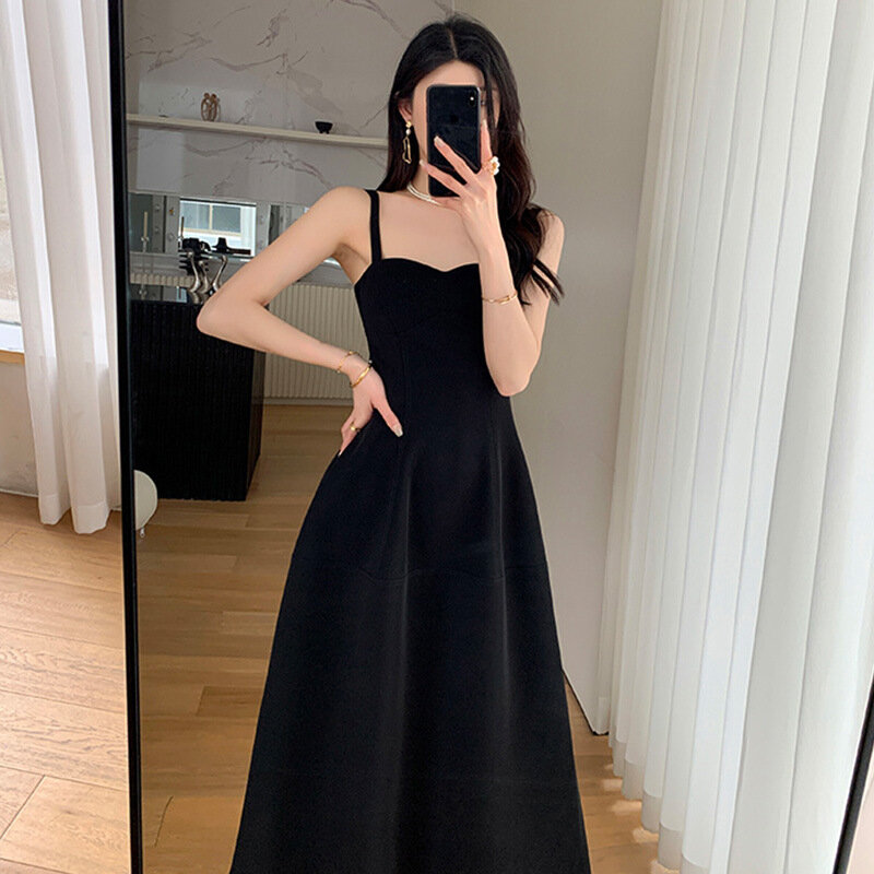 ESANSFIN 2024 новое черное вечернее платье в стиле ретро на бретелях для женщин с квадратным воротником на лето