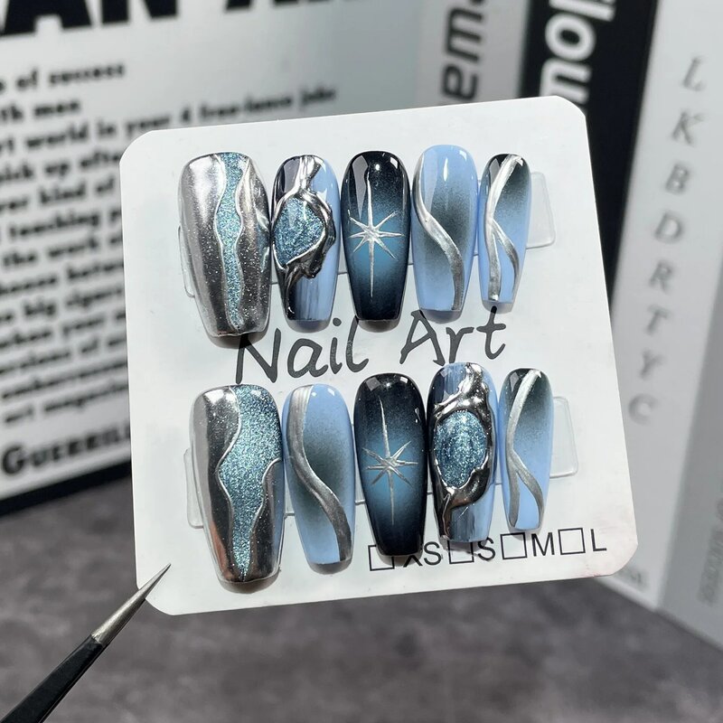 Uñas postizas hechas a mano de Metal pesado, puntas de uñas postizas de cobertura completa, Color azul y negro, 10 piezas, Y2K