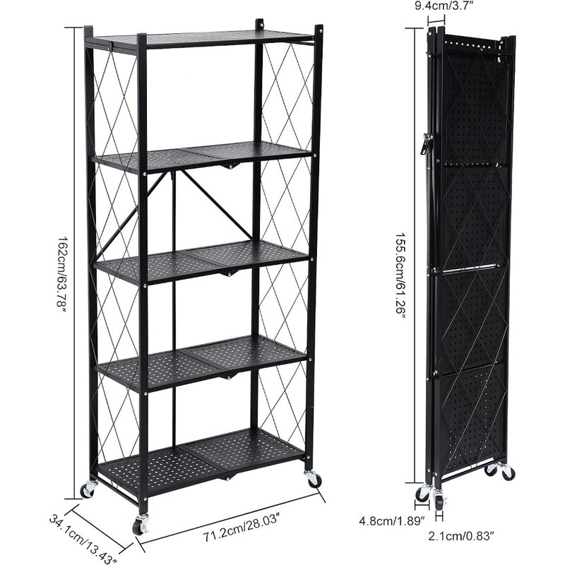 Simple Deluxe HealSmart 5-Tier Heavy Duty Foldable Metal Rack Storage Shelving Unit with Wheels Moving Easily Organizer Shelves