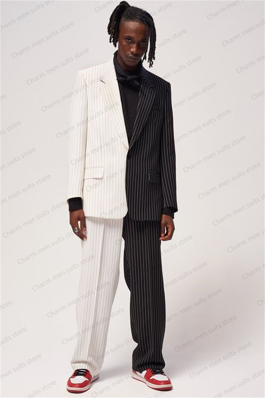 Pinstripe Set setelan pakaian pria 2 potong, Blazer + celana penyambungan warna khusus jaket musim semi kasual pesta tuksedo pria terbaik