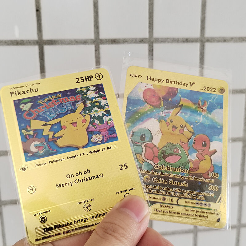 Pikachu Metal Pokemon Cards Letters Golden Iron Eevee Kawaii Charizard Squirtle Pokémon GX Vmax EX juguetes de Navidad para niños, regalo